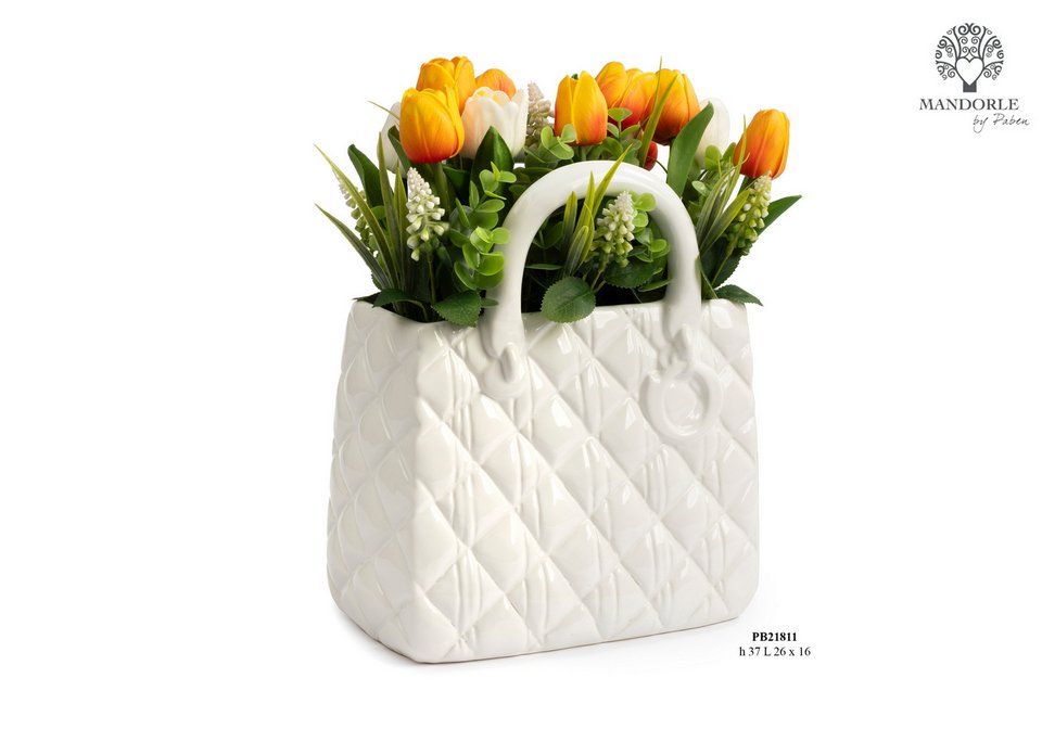 Bomboniera Vaso a forma di Borsetta con Tulipani 37 cm. in ceramica e plastica per eventi, codice 21811. Disponibile nel colore bianco - Bomboniere Cupido Trapani.