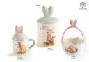 Bomboniera Pasquale con Coniglio e Uova 22.4 cm., 17.7 cm., 14.8 cm. in ceramica per eventi, codice 21656, 21659, 21660. Disponibile come biscottiera, cestino e tazza con tappo - Bomboniere Cupido Trapani.